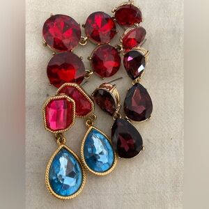 Bundle‎ of 3 Sets of Jeweled Cocktail Pierced Earrings Bling Blue Red Purple